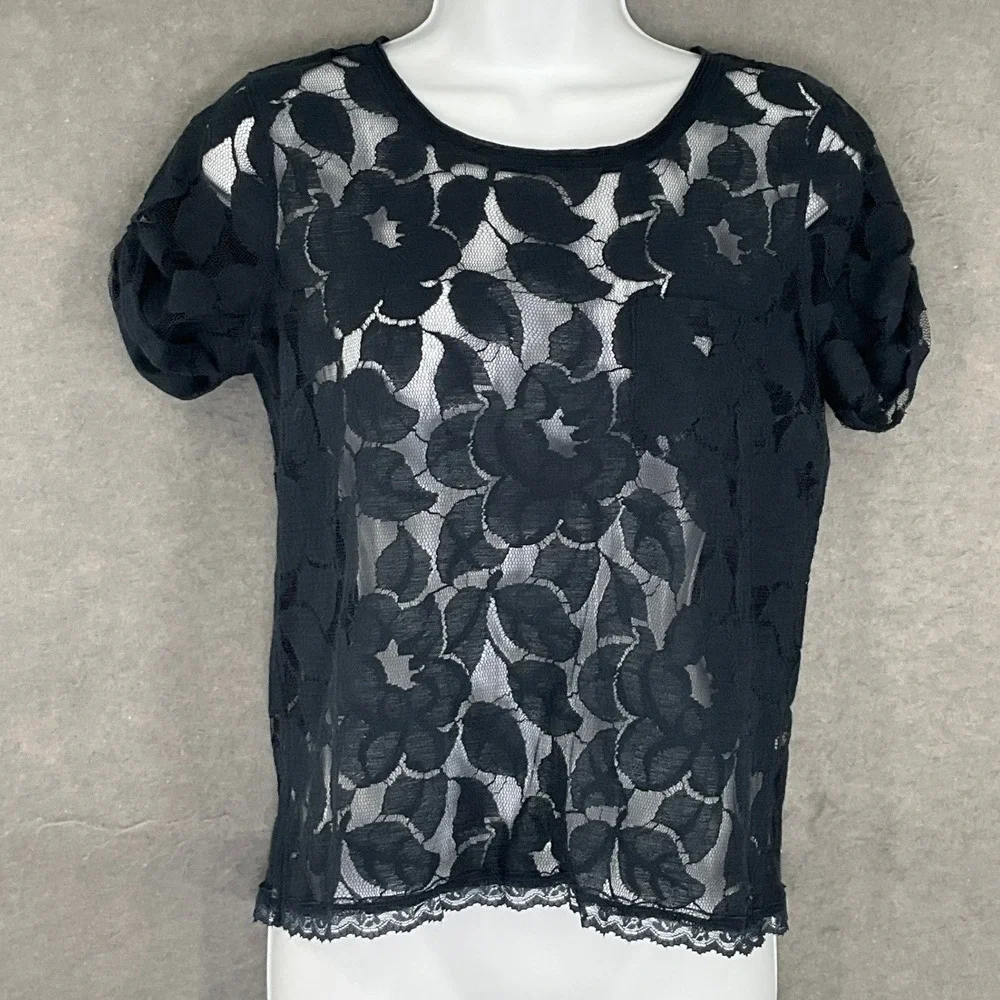 Abercrombie Fitch Black Floral Lace Sheer Top Womens Sz S Whimsigoth Romantic